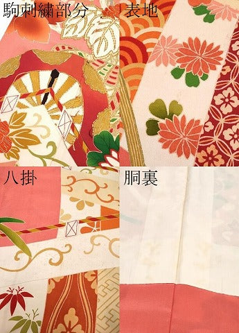 平和屋着物●極上 アンティーク 大正ロマン 振袖 駒刺繍 花車文 銀朱色地 逸品 CYAA3872s5