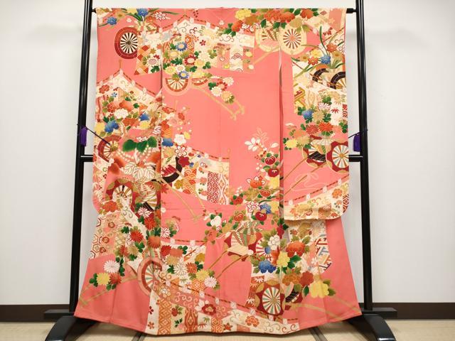 平和屋着物●極上 アンティーク 大正ロマン 振袖 駒刺繍 花車文 銀朱色地 逸品 CYAA3872s5