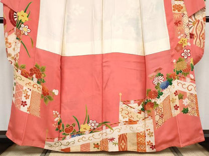平和屋着物●極上 アンティーク 大正ロマン 振袖 駒刺繍 花車文 銀朱色地 逸品 CYAA3872s5