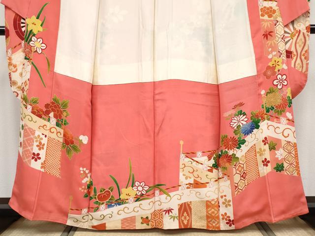 平和屋着物●極上 アンティーク 大正ロマン 振袖 駒刺繍 花車文 銀朱色地 逸品 CYAA3872s5