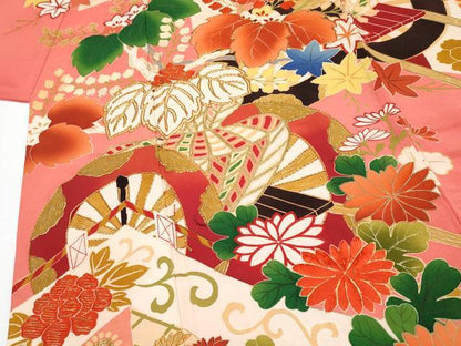 平和屋着物●極上 アンティーク 大正ロマン 振袖 駒刺繍 花車文 銀朱色地 逸品 CYAA3872s5