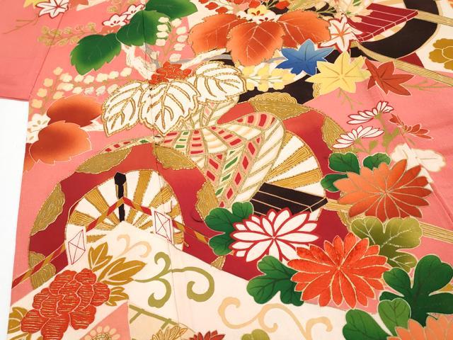 平和屋着物●極上 アンティーク 大正ロマン 振袖 駒刺繍 花車文 銀朱色地 逸品 CYAA3872s5