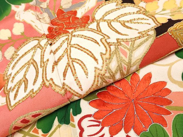 平和屋着物●極上 アンティーク 大正ロマン 振袖 駒刺繍 花車文 銀朱色地 逸品 CYAA3872s5