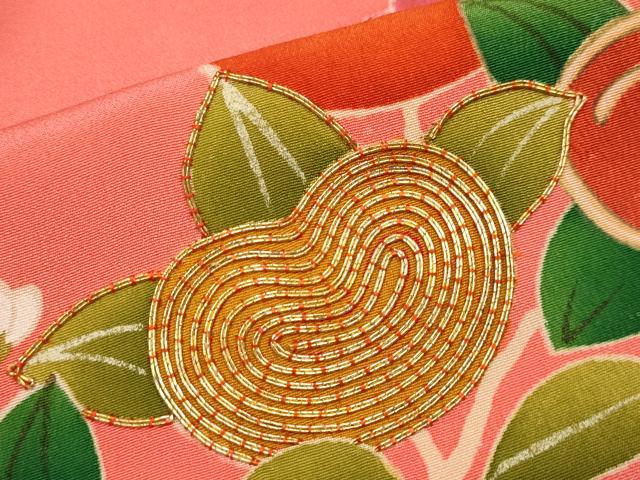 平和屋着物●極上 アンティーク 大正ロマン 振袖 駒刺繍 花車文 銀朱色地 逸品 CYAA3872s5