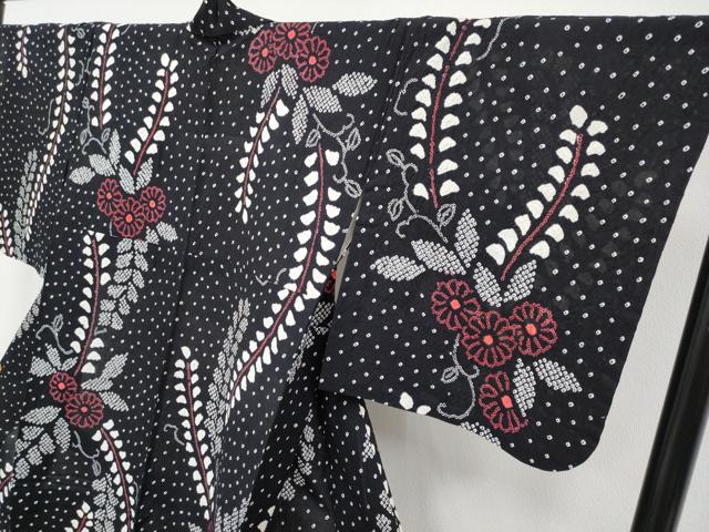 平和屋着物∴極上 夏物 浴衣 有松鳴海絞り 菊唐草文 黒地 綿 逸品 CYAA3884s5