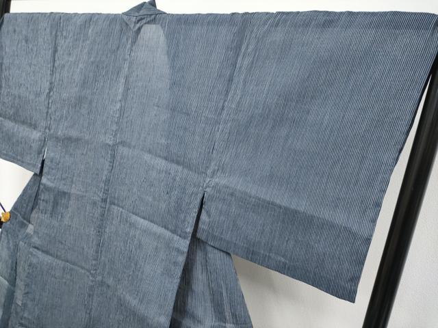 平和屋着物＊極上　夏物　男性　本場小千谷ちぢみ　縞　藍鉄色地　麻　逸品　CYAA3907s5