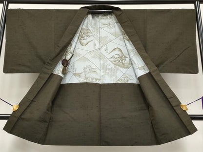 平和屋着物●極上　男性　髭紬　アンサンブル　色無地　海松茶色地　逸品　CYAA3915s5