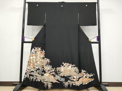平和屋着物●極上 創業460年・千總 黒留袖 駒刺繍 御所車飛鶴花文 金彩 三越扱い 逸品 CYAA3941s5