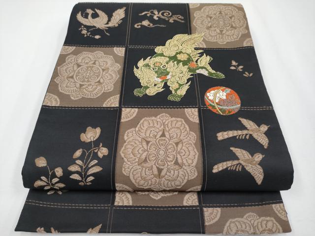 平和屋着物●極上　六通柄袋帯　唐織　唐獅子　鞠　黒地　金糸　逸品　CYAA3964s6