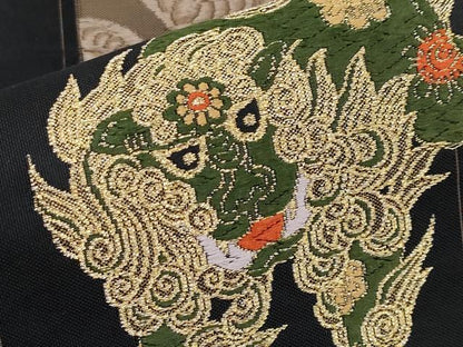 平和屋着物●極上　六通柄袋帯　唐織　唐獅子　鞠　黒地　金糸　逸品　CYAA3964s6