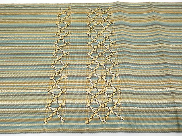 絹 袋帯☆【ひなや工房 くむ・あむ・おる】伊豆蔵明彦 唐組 金糸×紫 お太鼓柄 ひなや工房 くむ・あむ・おる 伊豆蔵明彦 組織 太鼓柄袋帯 金糸 逸品