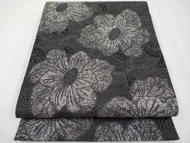 平和屋着物●極上　染色作家　斉藤三才　六通柄袋帯　唐織　枝花文　黒地　銀彩　逸品　未使用　CYAA3976s6