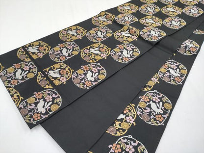 平和屋本店●極上　人形作家・ホリヒロシ　六通柄袋帯　唐織　花うさぎ　黒地　金銀糸　共箱付き　逸品　CYAA3992s6