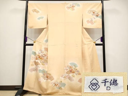 平和屋本店●極上　創業460年・千總　訪問着　駒刺繍　地紙草花文　暈し染め　金彩　雄黄色地　逸品　未使用　CYAA4001s6