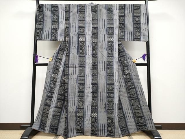 平和屋本店●極上　紬　刺繍　刺し子　杢目絞り　花唐草間道　逸品　CYAA4010s6