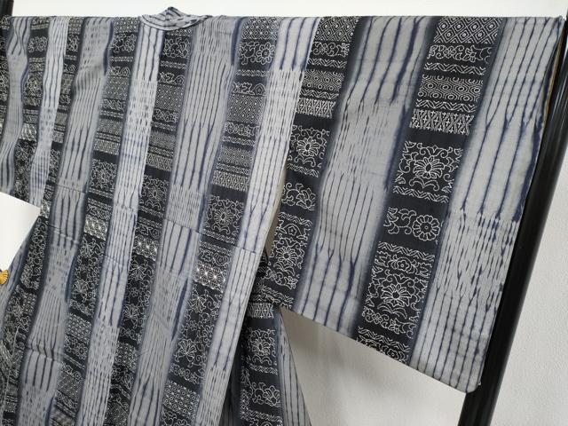 平和屋本店●極上　紬　刺繍　刺し子　杢目絞り　花唐草間道　逸品　CYAA4010s6