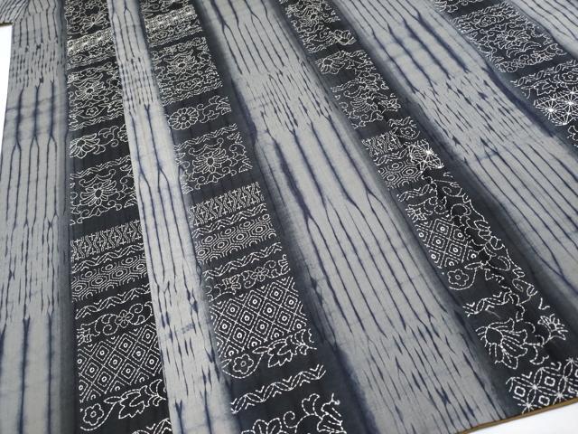 平和屋本店●極上　紬　刺繍　刺し子　杢目絞り　花唐草間道　逸品　CYAA4010s6