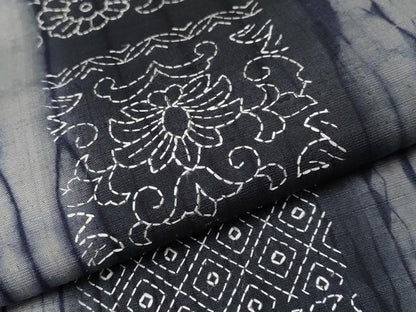 平和屋本店●極上　紬　刺繍　刺し子　杢目絞り　花唐草間道　逸品　CYAA4010s6