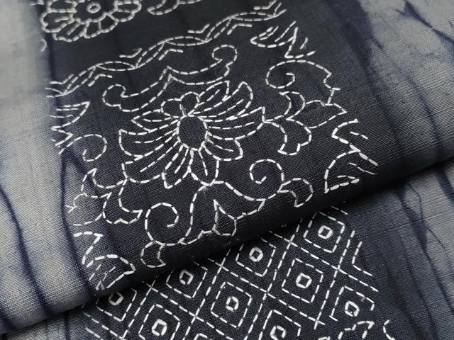 平和屋本店●極上　紬　刺繍　刺し子　杢目絞り　花唐草間道　逸品　CYAA4010s6