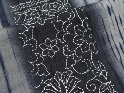 平和屋本店●極上　紬　刺繍　刺し子　杢目絞り　花唐草間道　逸品　CYAA4010s6