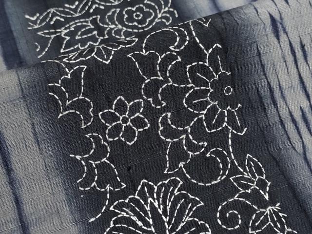 平和屋本店●極上　紬　刺繍　刺し子　杢目絞り　花唐草間道　逸品　CYAA4010s6
