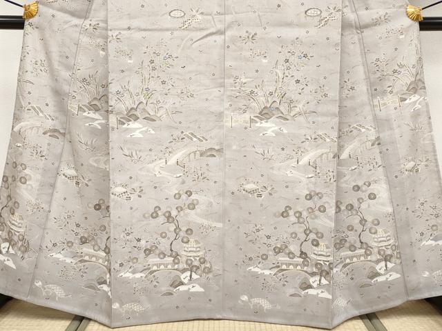 平和屋本店▽極上　染織の名門　しょうざん  生紬　訪問着　単衣　風景文　金彩　枯野色地　逸品　CYAA5025s6
