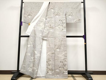 平和屋本店▽極上　染織の名門　しょうざん  生紬　訪問着　単衣　風景文　金彩　枯野色地　逸品　CYAA5025s6