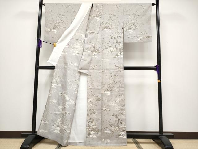 平和屋本店▽極上　染織の名門　しょうざん  生紬　訪問着　単衣　風景文　金彩　枯野色地　逸品　CYAA5025s6