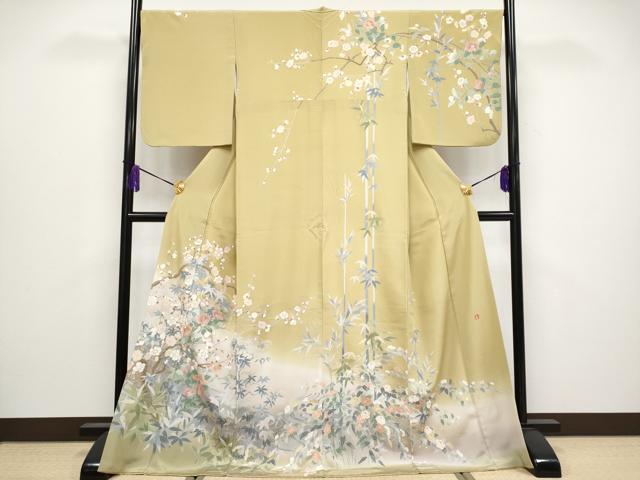 平和屋着物●極上　訪問着　作家物　流水枝花文　暈し染め　金彩　桑染色地　逸品　CYAA4016s6