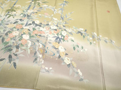 平和屋着物●極上　訪問着　作家物　流水枝花文　暈し染め　金彩　桑染色地　逸品　CYAA4016s6