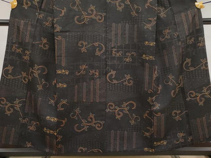 平和屋着物●極上　紬　創作工芸　総刺繍　総刺し子　唐草文　黒地　反端付き　逸品　CYAA4017s6