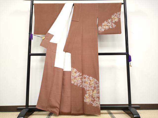 平和屋着物●極上　銀座きしや　訪問着　シダ　海老茶色地　金彩　たとう紙付き　逸品　CYAA4019s6