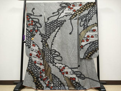 平和屋着物●極上　振袖　絞り　雪輪重ね花文　黒地　金彩　逸品　CYAA4020s6