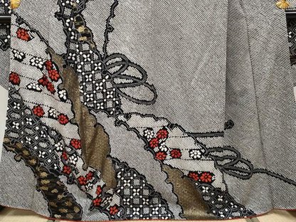 平和屋着物●極上　振袖　絞り　雪輪重ね花文　黒地　金彩　逸品　CYAA4020s6