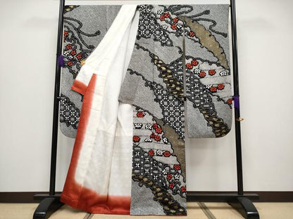 平和屋着物●極上　振袖　絞り　雪輪重ね花文　黒地　金彩　逸品　CYAA4020s6