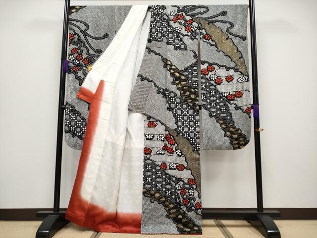 平和屋着物●極上　振袖　絞り　雪輪重ね花文　黒地　金彩　逸品　CYAA4020s6