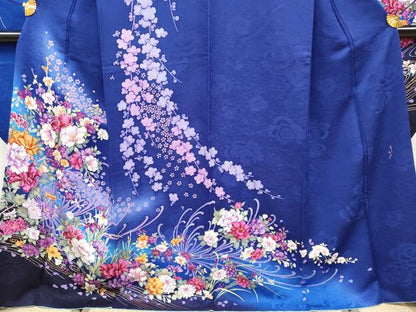 平和屋着物●極上　森英恵・HANAE MORI　振袖　駒刺繍　草花文　暈し染め　金彩　鉄紺色地　逸品　CYAA4021s6