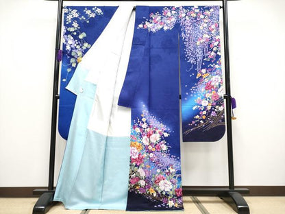 平和屋着物●極上　森英恵・HANAE MORI　振袖　駒刺繍　草花文　暈し染め　金彩　鉄紺色地　逸品　CYAA4021s6