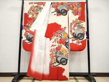 平和屋着物●極上　和染紅型　栗山紅型　栗山吉三郎　振袖　長襦袢セット　花車文　鬼しぼ縮緬　逸品　CYAA4023s6