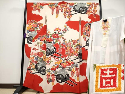 平和屋着物●極上　和染紅型　栗山紅型　栗山吉三郎　振袖　長襦袢セット　花車文　鬼しぼ縮緬　逸品　CYAA4023s6