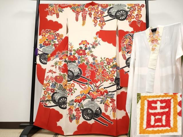 平和屋着物●極上　和染紅型　栗山紅型　栗山吉三郎　振袖　長襦袢セット　花車文　鬼しぼ縮緬　逸品　CYAA4023s6