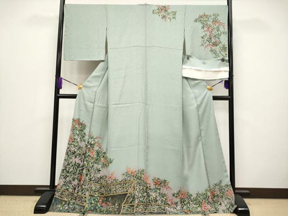 平和屋着物●極上　訪問着　手描き　南天文　暈し染め　利休鼠色地　健勝苑扱い　反端付き　逸品　未使用　CYAA4026s6