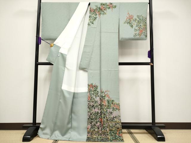 平和屋着物●極上　訪問着　手描き　南天文　暈し染め　利休鼠色地　健勝苑扱い　反端付き　逸品　未使用　CYAA4026s6