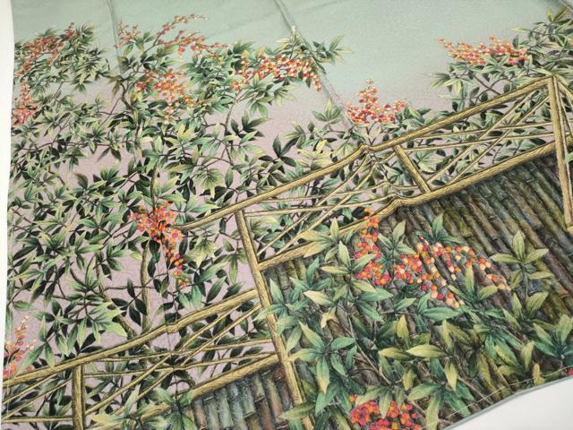 平和屋着物●極上　訪問着　手描き　南天文　暈し染め　利休鼠色地　健勝苑扱い　反端付き　逸品　未使用　CYAA4026s6