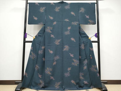 平和屋着物●極上　染色作家　草野一騎　小紋　笹文　藍鉄色地　逸品　CYAA4032s6