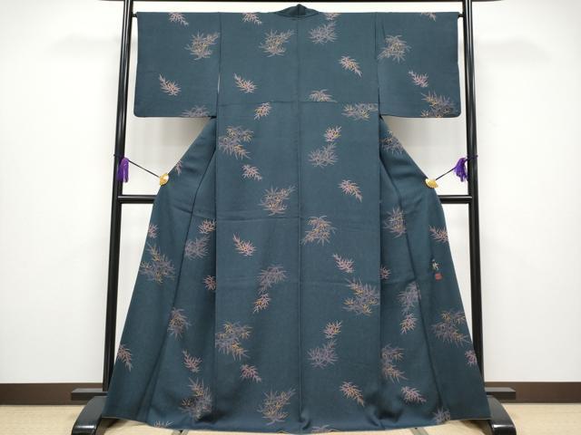 平和屋着物●極上　染色作家　草野一騎　小紋　笹文　藍鉄色地　逸品　CYAA4032s6