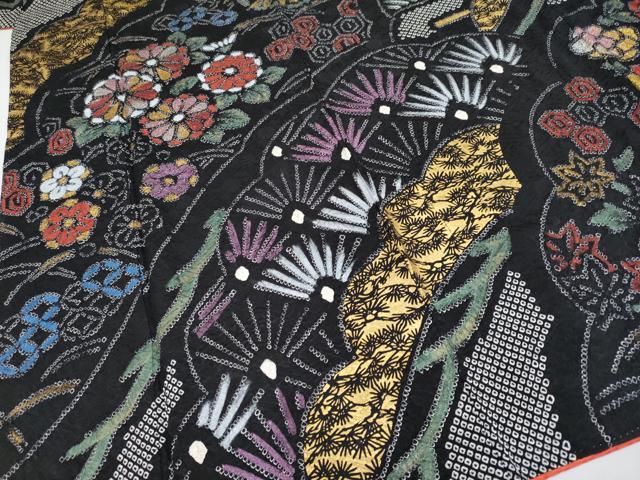 平和屋本店○極上 振袖 絞り 花松文 黒地 金銀彩 逸品 CYAA4036s6