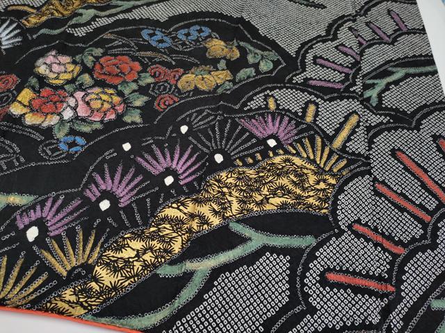 平和屋本店○極上 振袖 絞り 花松文 黒地 金銀彩 逸品 CYAA4036s6