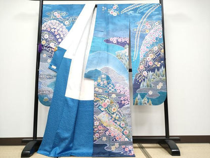 平和屋本店●極上　越後十日町の一流染匠　桐屋・翠山工房　振袖　辻が花　絞り　暈し染め　銀通し地　やまと金ラベル　逸品　CYAA4043s6