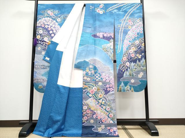 平和屋本店●極上　越後十日町の一流染匠　桐屋・翠山工房　振袖　辻が花　絞り　暈し染め　銀通し地　やまと金ラベル　逸品　CYAA4043s6
